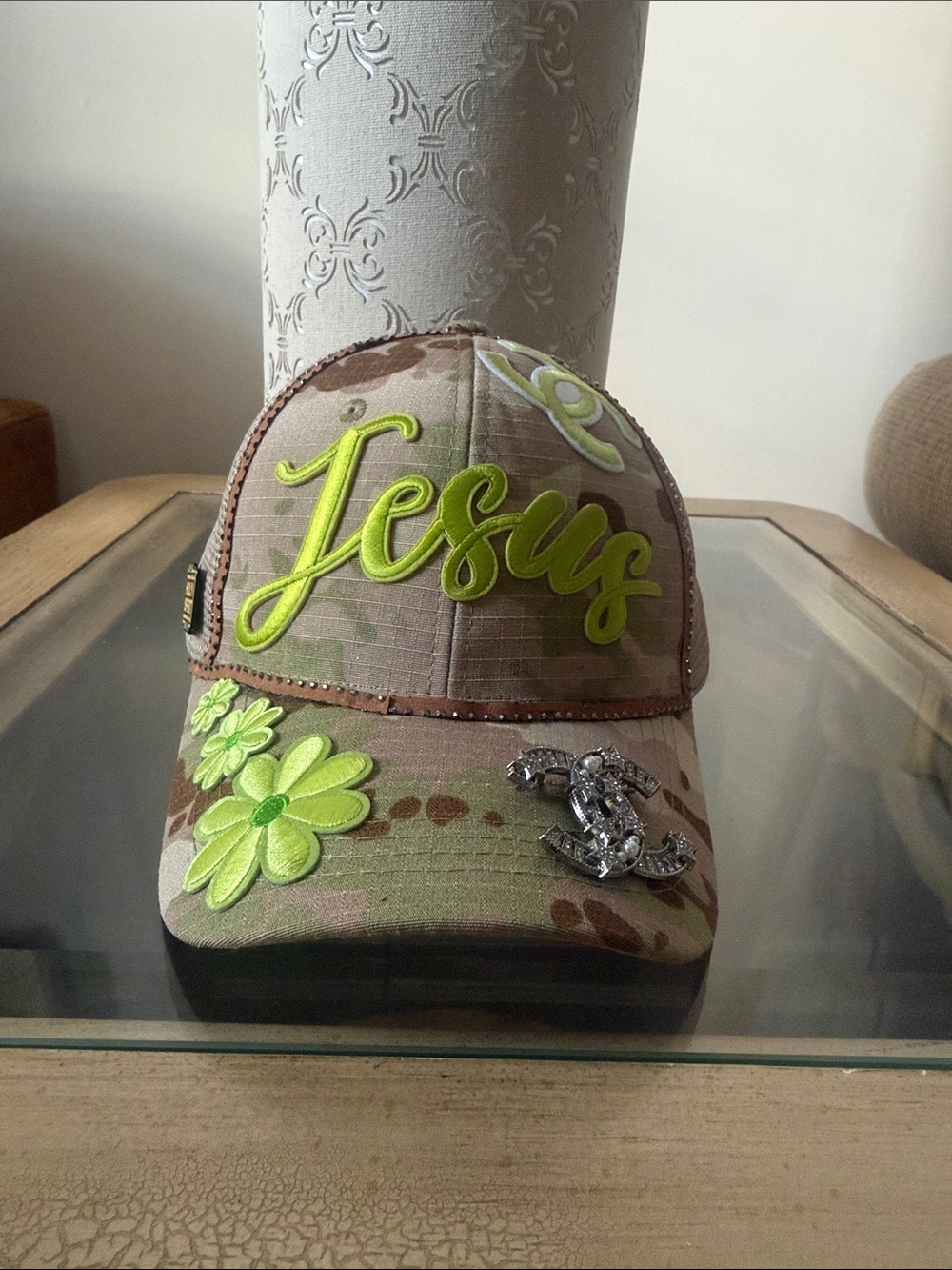Camouflage Baseball Cap with Neon Green 'Jesus' Embroidery